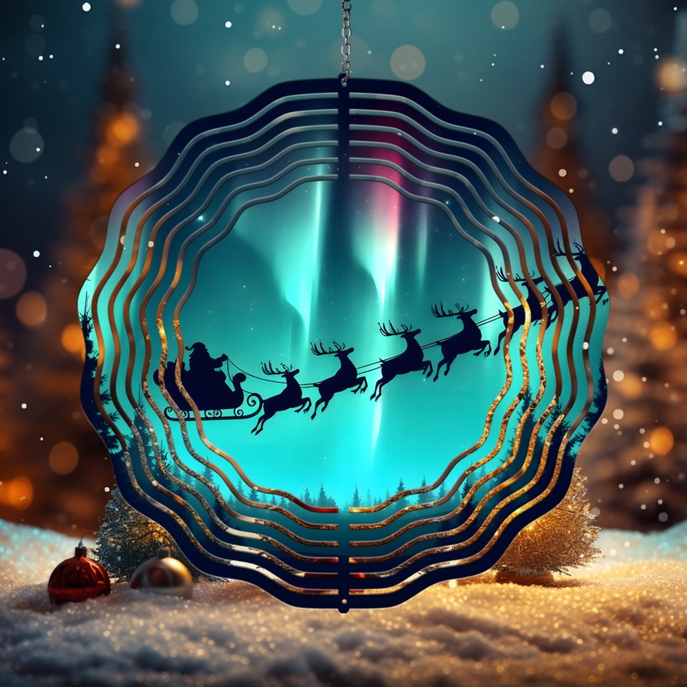 Handmade sublimated Santa riding off into the northern lights 8in wind spinner
